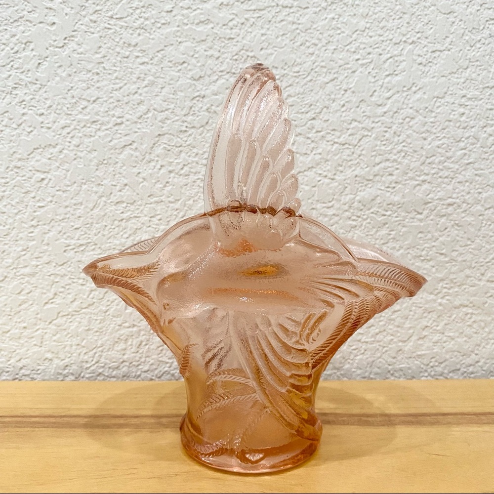 Vintage 70’s Indiana Glass Pink Tiara Glass Flying Bird Hummingbird Basket Decor